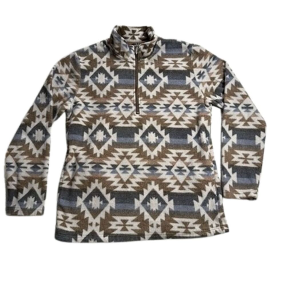 Roper Mens M Southwestern Aztec Fleece Quarter Zip Pullover Brown Gray Western
